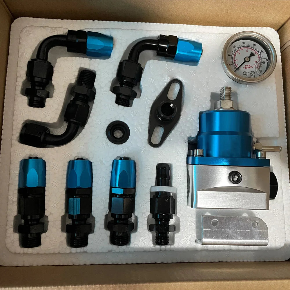 Regulador de Pressão de Combustível Universal com Manômetro Mangueiras AN6 Inox e Kit de Conectores