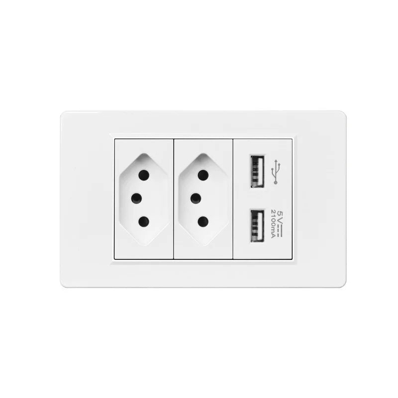Tomada Dupla 10A + USB 5V 2A Padrão C & EE com Acabamento Espelhado