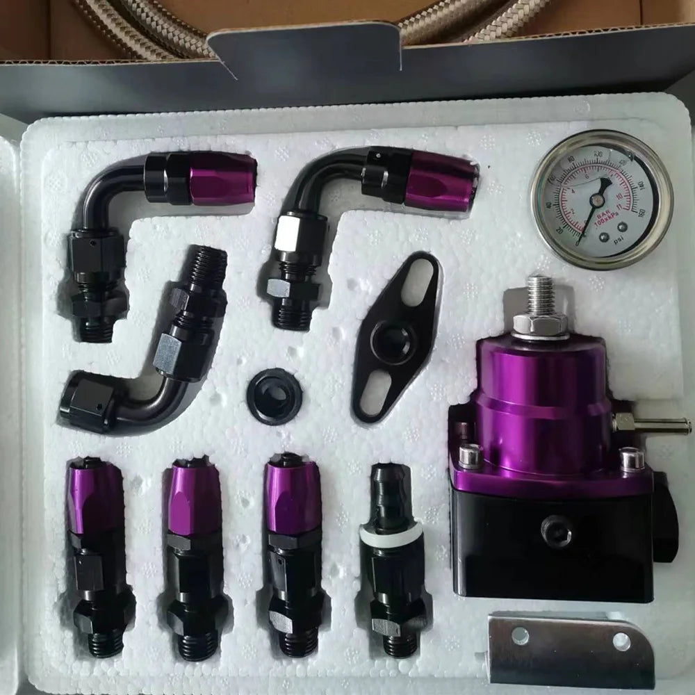 Regulador de Pressão de Combustível Universal com Manômetro Mangueiras AN6 Inox e Kit de Conectores