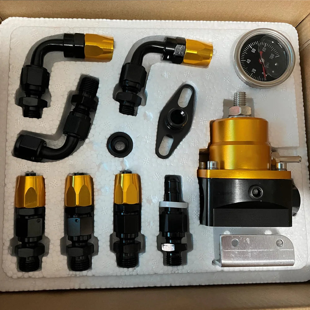 Regulador de Pressão de Combustível Universal com Manômetro Mangueiras AN6 Inox e Kit de Conectores