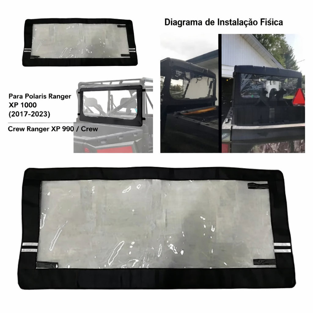 Parabrisa Traseiro para Polaris Ranger XP 1000 / Crew 2017 a 2023 Lona 600D com PVC Transparente