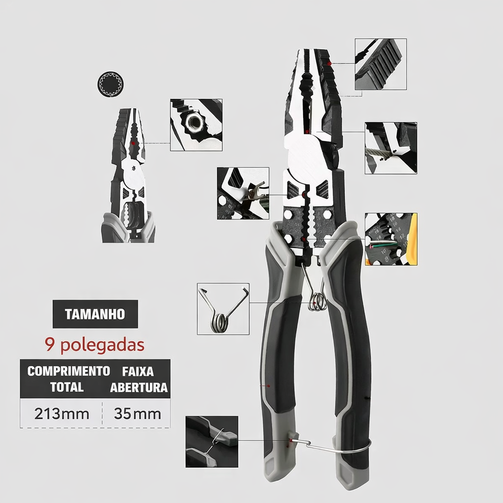 Alicate Multifuncional Universal 8" e 9" em Aço Carbono CR-V para Corte, Decapagem e Crimpagem