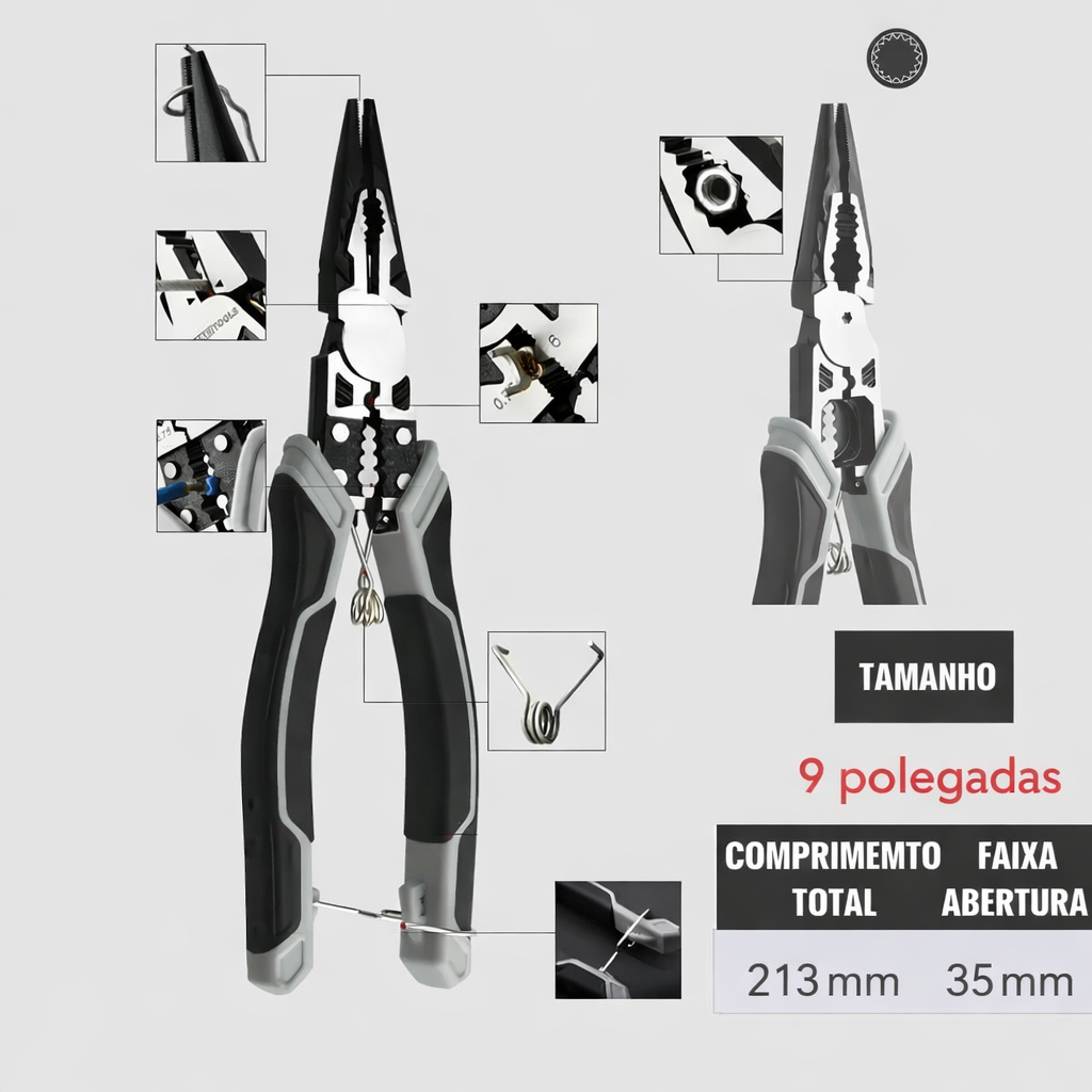 Alicate Multifuncional Universal 8" e 9" em Aço Carbono CR-V para Corte, Decapagem e Crimpagem